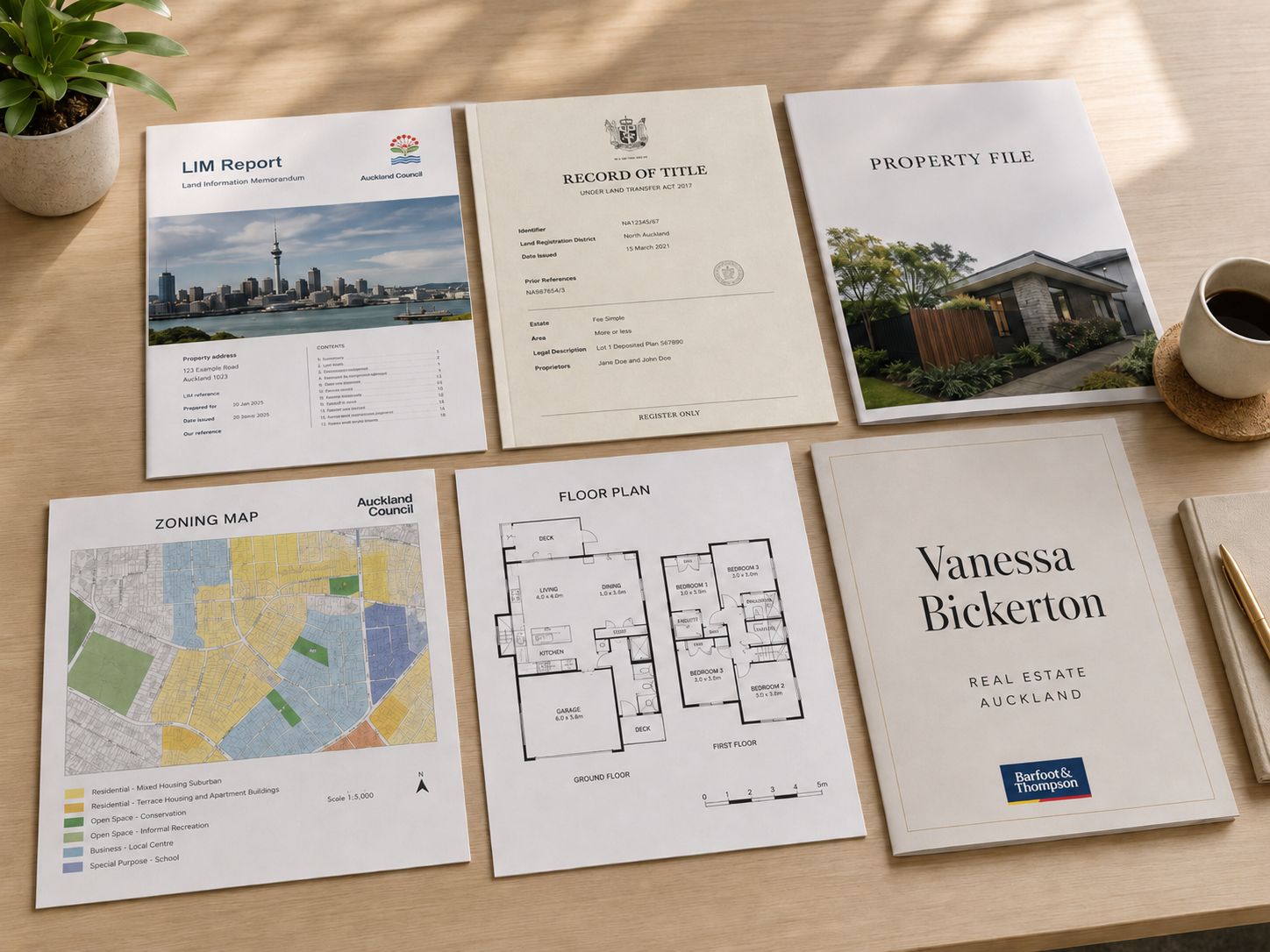 Auckland real estate property documents on a desk including LIM, title, zoning map and floor plan.