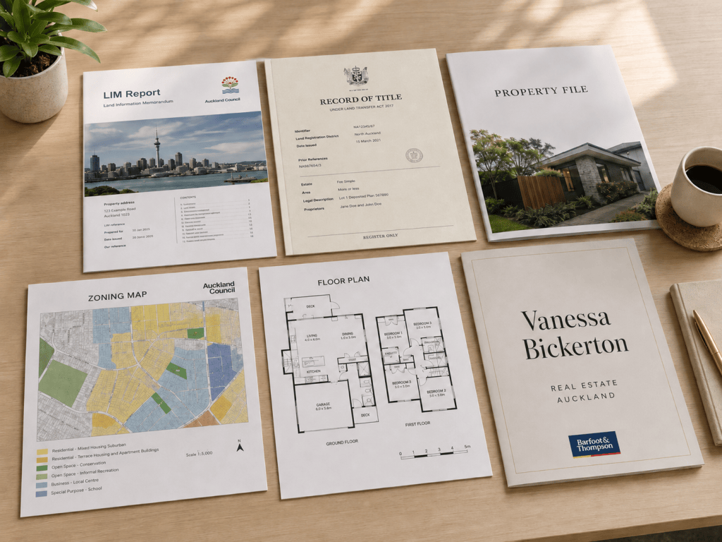 Property advice documents including a LIM report, Record of Title, zoning map and floor plan for Auckland homeowners preparing to sell.