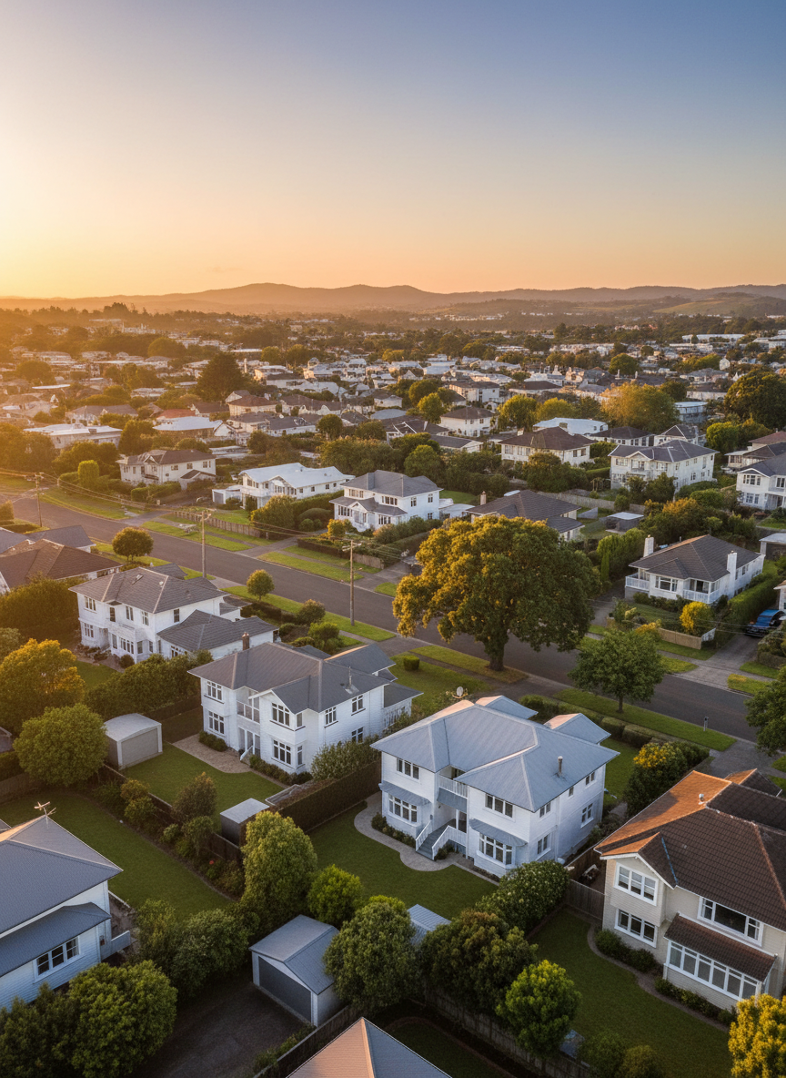 An elevated, wide-angle photographic view of a typical Auckland residential neighborhood at golden hour, with a variety of well-kept detached houses featuring weatherboard exteriors, tiled roofs, and lush green gardens. The winding suburban street gently curves through the composition, framed by mature trees and distant, soft-focus hills. Warm, low sunlight bathes the homes, highlighting rooflines and creating gentle shadows across driveways and lawns. The sky glows with a subtle pastel gradient, adding a calm, optimistic atmosphere. The image is captured in realistic detail with strong depth of field so every home is clearly visible. The overall mood is welcoming and aspirational, perfect for illustrating local market knowledge and Auckland-specific real estate context.