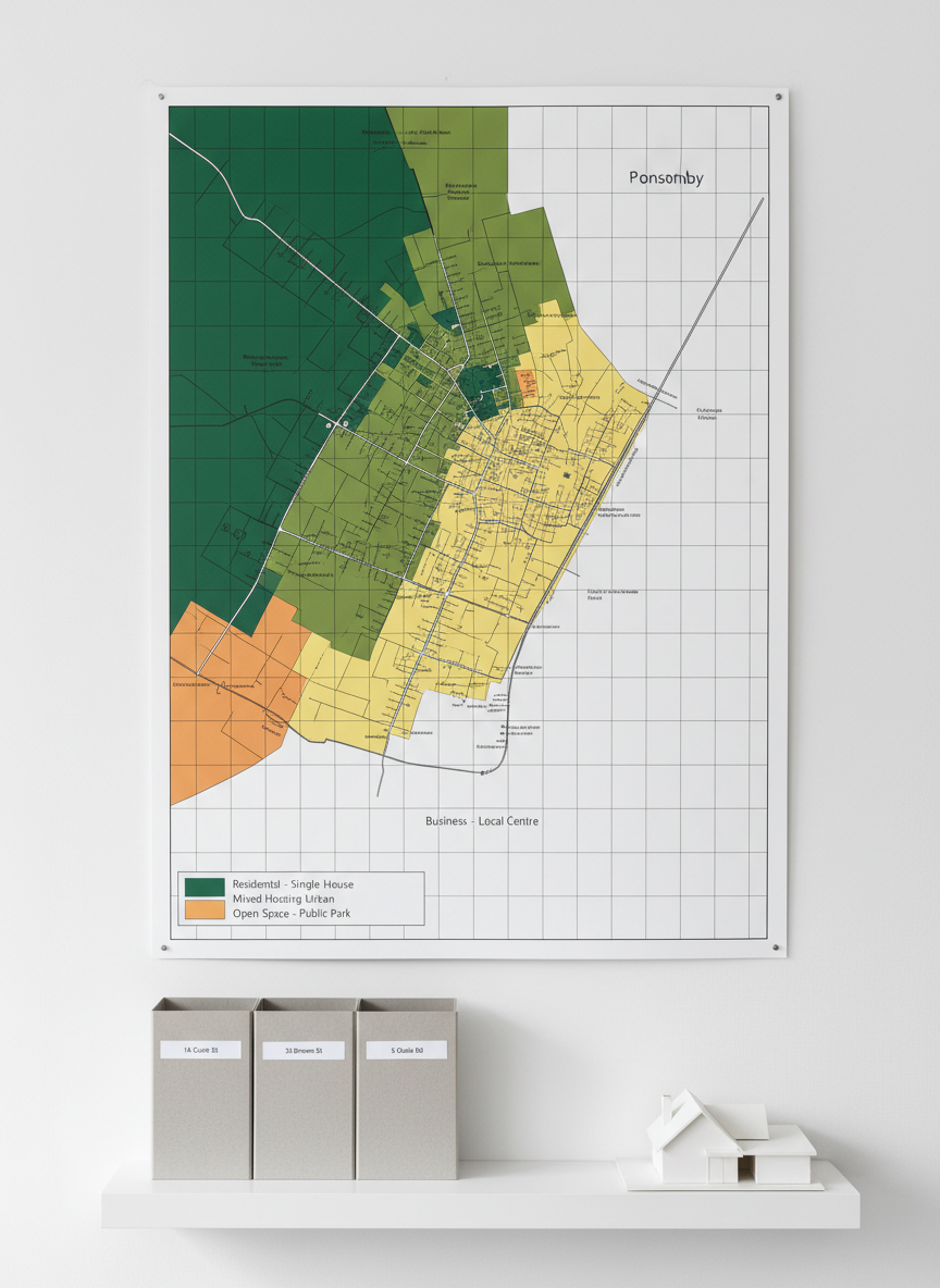 A detailed close-up of a large, clean zoning and land use map of an Auckland suburb mounted on a matte white wall. Distinct color blocks indicate different zoning categories, with crisp, fine black grid lines and clearly defined parcel boundaries. A slim, minimalist floating shelf below holds neatly aligned property folders and a small architectural model of a simple house made from smooth white card. Cool, even studio-style lighting washes across the surface, eliminating glare and ensuring every line on the map is legible. Shot straight-on in photographic realism for maximum clarity, the composition is balanced and structured. The mood is precise, informative, and professional, ideal for explaining zoning potential and development options on a real estate website.