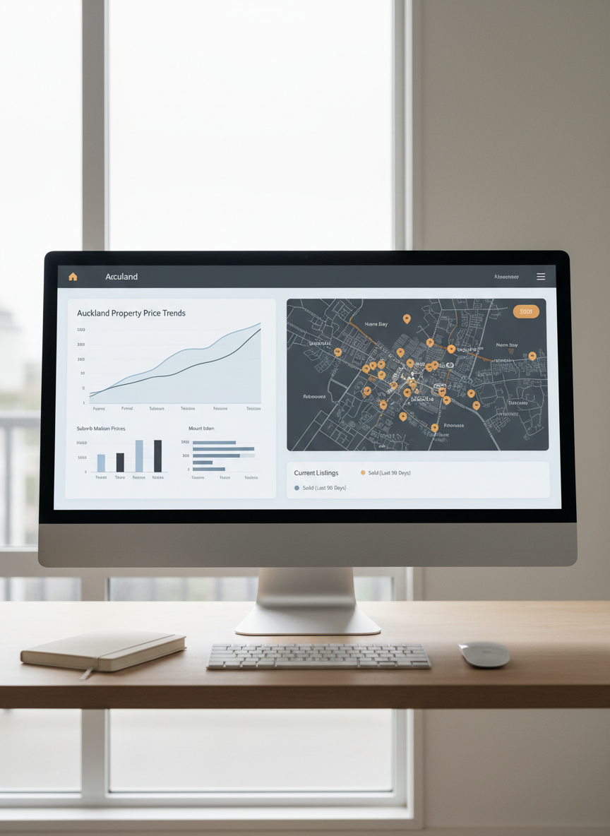 A bright, organized digital real estate dashboard displayed on a large, matte-finish widescreen monitor sitting on a light beech desk. The screen shows a clean interface with simplified Auckland property price trends, suburb comparison charts, and a map with highlighted neighborhoods, all in a restrained palette of soft blues and greys with one accent color. The background is minimal, with only a closed notebook and a slim, wireless keyboard visible, emphasizing focus on the data. Soft overcast daylight from a side window creates even, shadow-free illumination, preventing reflections on the monitor. Captured straight-on at eye level in photographic realism, the composition is tidy and balanced. The mood is analytical and reassuring, reinforcing expertise in the local property market and making complex information feel accessible.