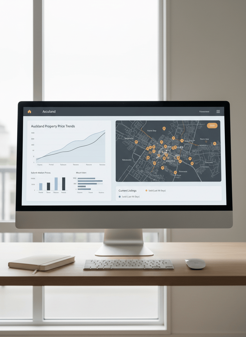 Illustration of a digital Auckland property research dashboard displayed on an office computer.