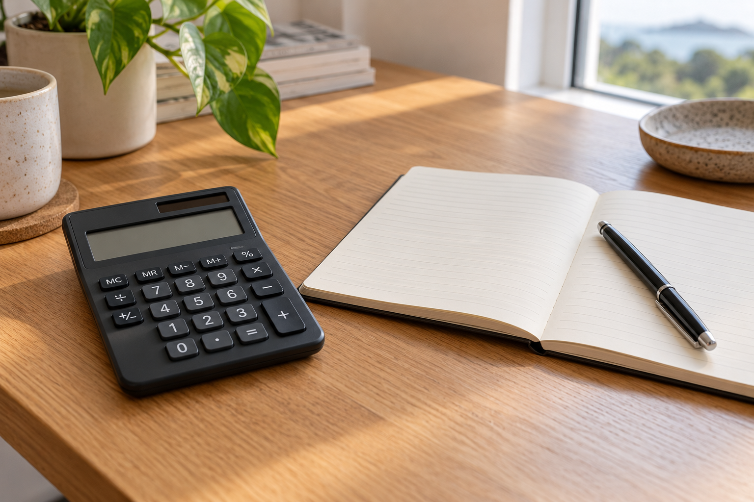 Calculator, open notepad and pen on a sunlit wooden desk.