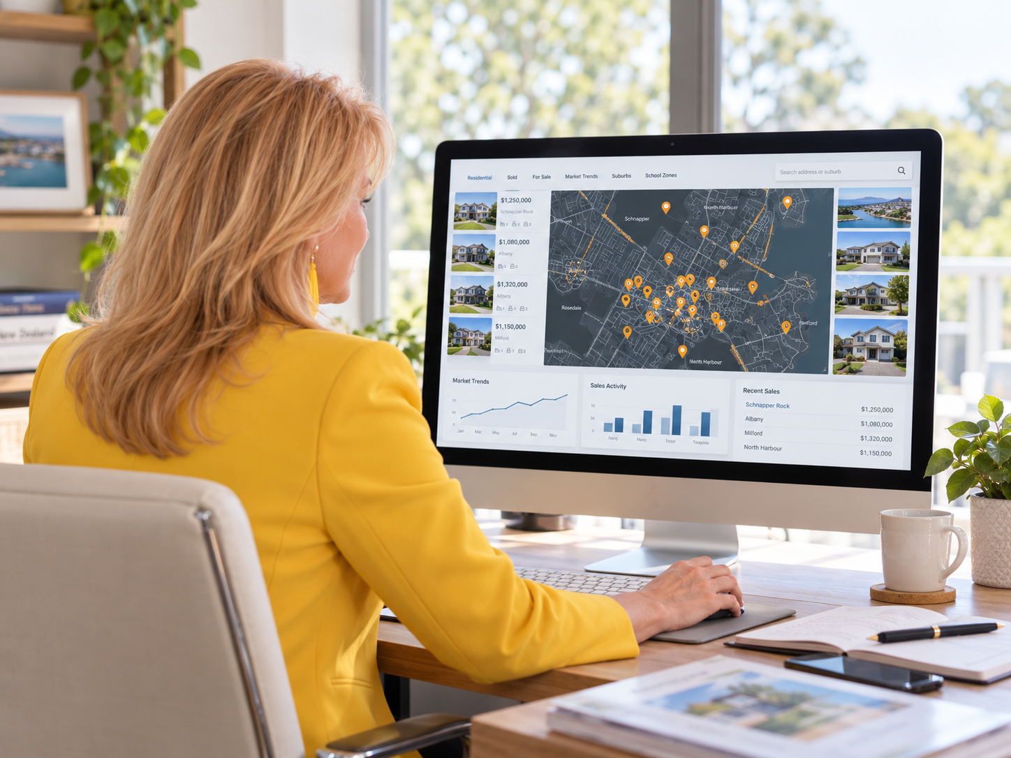 AI-generated illustration of a blonde real estate agent in a yellow jacket reviewing an illustrative Auckland property dashboard.