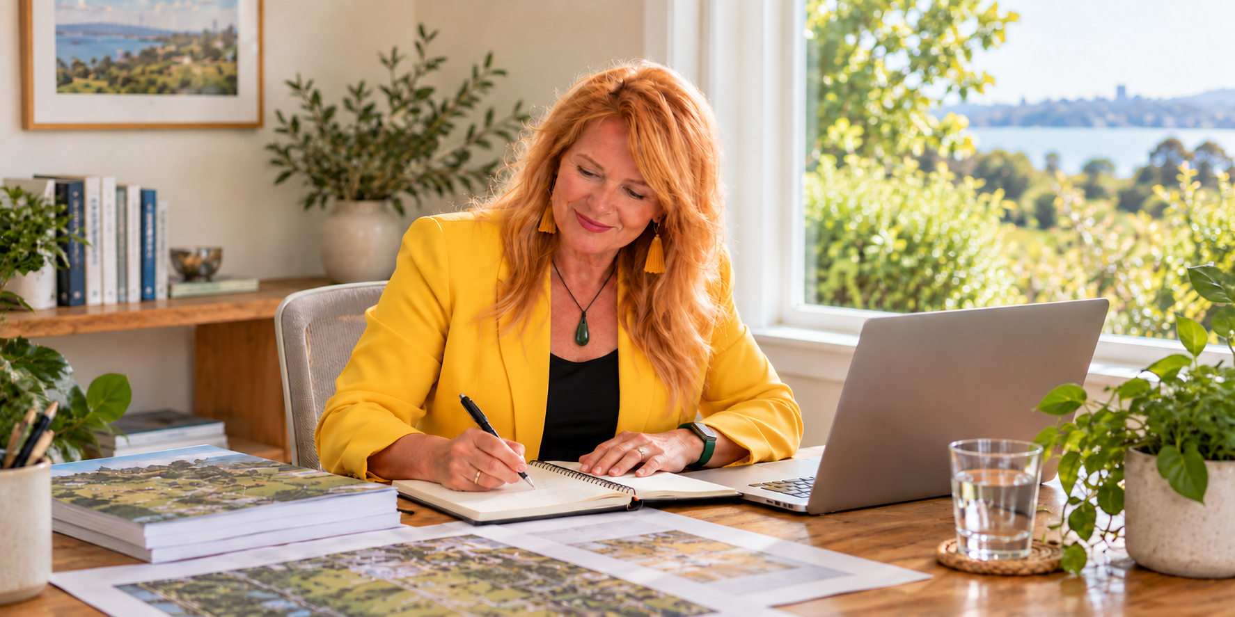 AI-created illustration of Vanessa studying at her desk, wearing a yellow blazer and pounamu pendant.